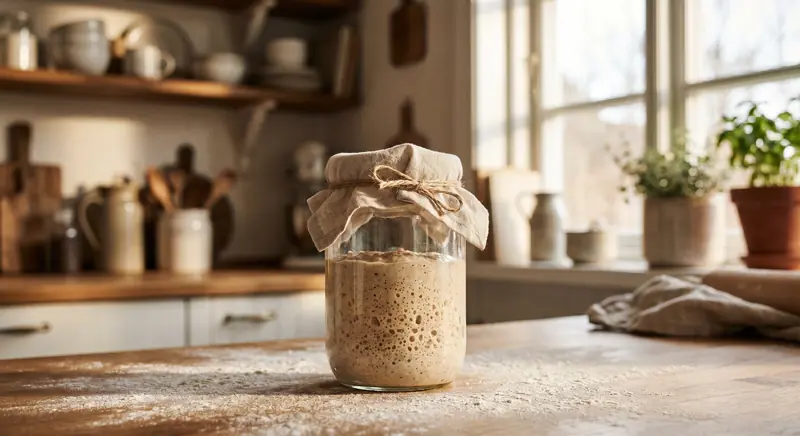 Glas med frisk surdej starter på rustikt køkkenbord med mel og vand