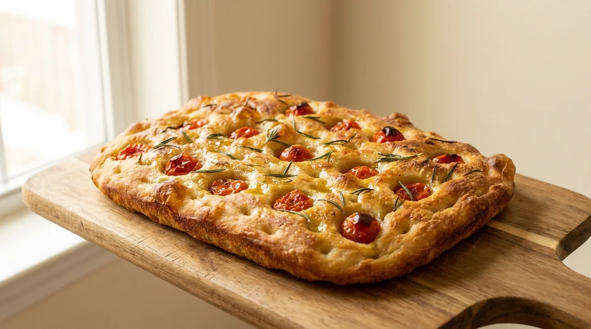 Surdejs-focaccia pizza på rustikt træbræt med rosmarin og tomater