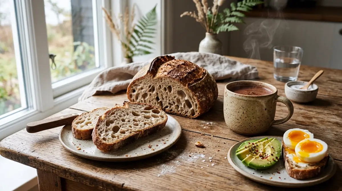 Friskbagt surdejsbrød på et morgenbord